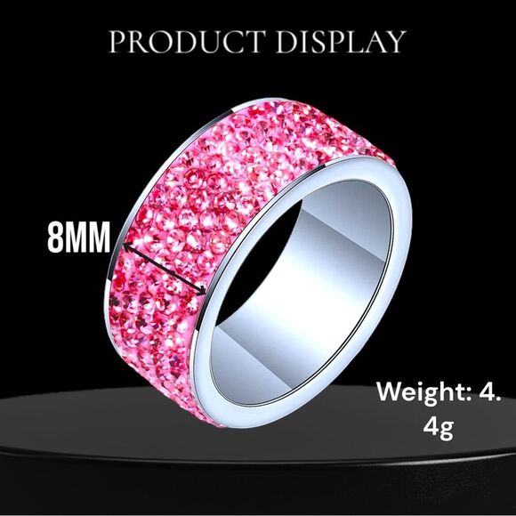 New Stainless Steel 316L 5 Rows of Rose Pink AAA Crystal Wedding Ring - SZ 8 - Picture 2 of 4
